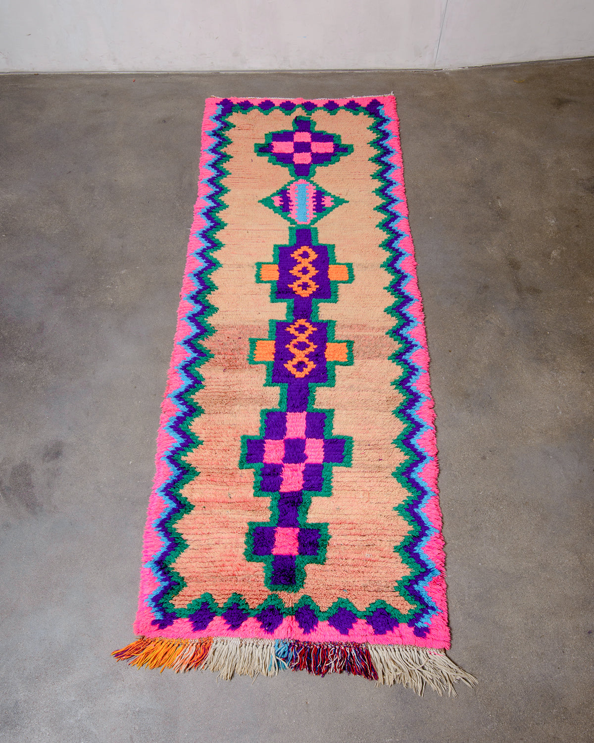 Modern, designer, handcrafted Berber runner rug from Morocco. Vintage carpet with beautiful colours and patterns and fluffy texture.